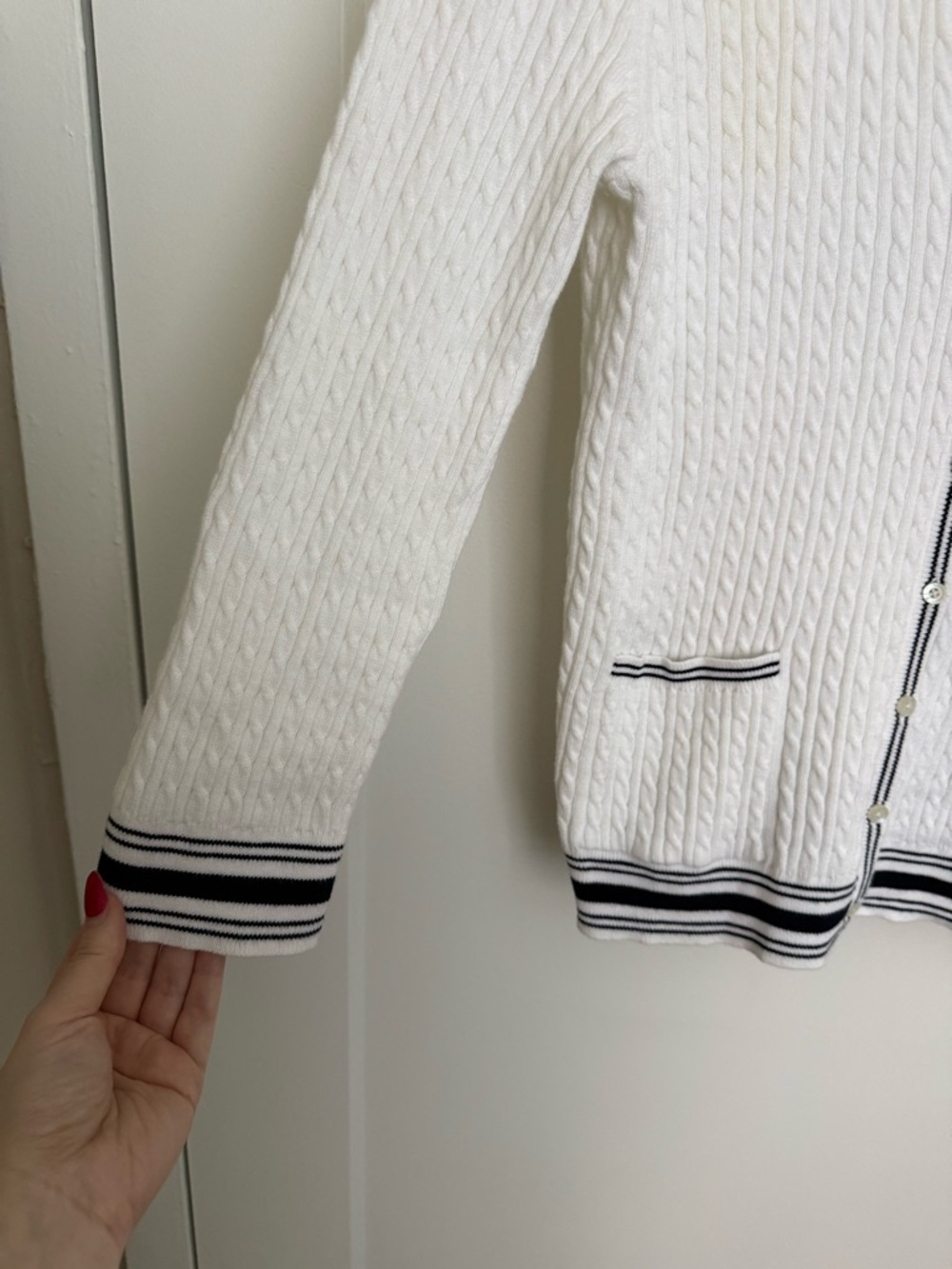 Vintage Lauren Ralph Lauren - Cable Knit Cardigan - Cream with Navy Trim - Picture 3 of 11